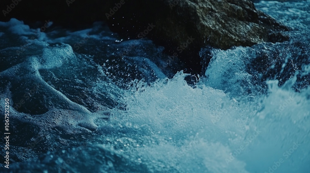 Obraz premium Dynamic Ocean Waves, close-up view of deep blue waves crashing against rugged rocks, showcasing the powerful movement and frothy textures of the sea.