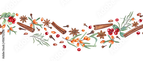 Wallpaper Mural Watercolor cinnamons sticks, star anise, cloves, cowberries and sea buckthorn horizontal seamless border. Winter aromatic spices pattern for Xmas package design, Christmas textile, New year decor Torontodigital.ca