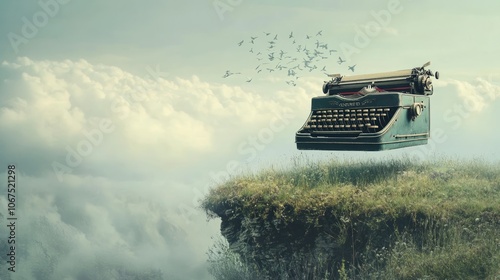 Vintage Typewriter Floating Above Clouds with Birds photo