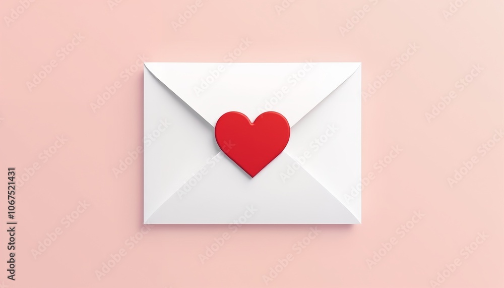 White envelope with red heart on pastel pink background White envelope with red heart on pastel pink background