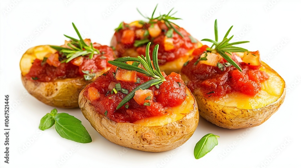 delicious baked potatoes smothered in tomato sauce isolated on white background delicious baked potatoes smothered in tomato sauce isolated on white background