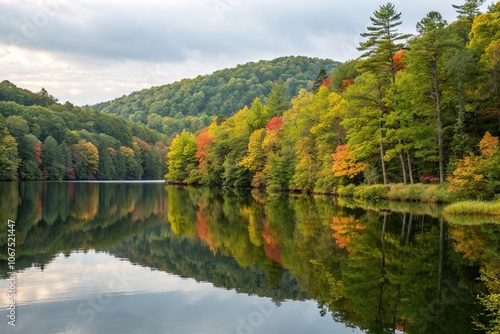 *Calm lake with reflected autumn foliage and lush greenery in the surrounding forest, calm lake, outdoor photography