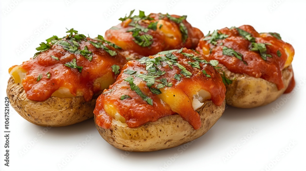 delicious baked potatoes smothered in tomato sauce isolated on white background delicious baked potatoes smothered in tomato sauce isolated on white background