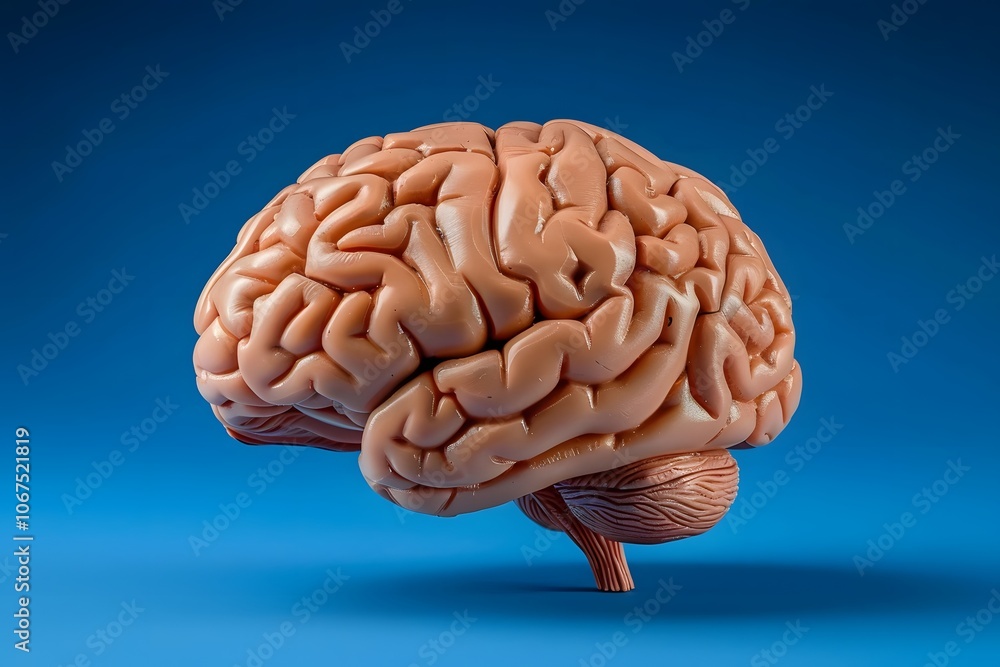 Detailed 3D Model of a Human Brain on a Blue Background Detailed 3D Model of a Human Brain on a Blue Background