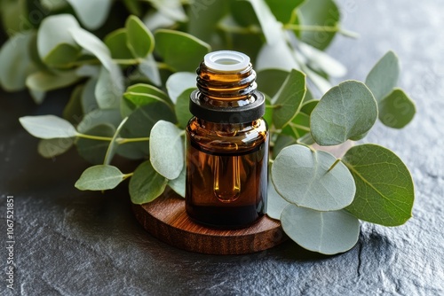 Wooden board with eucalyptus oil and fresh leaves photo