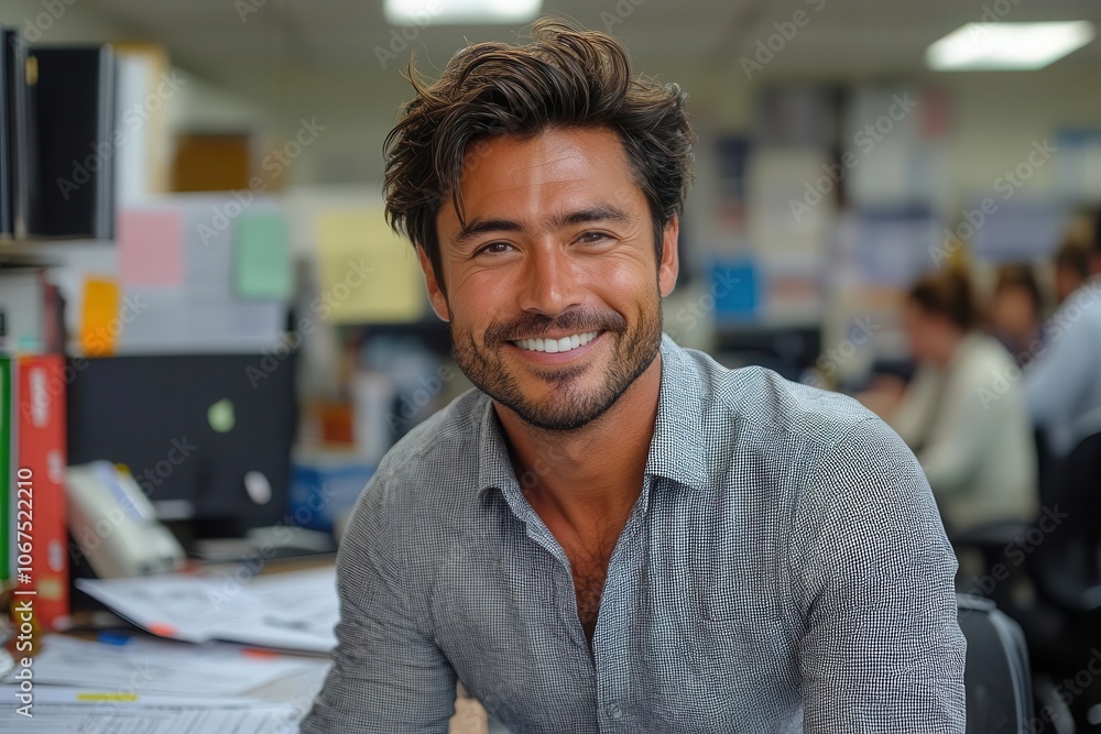 young businessman in a crisp shirt confidently smiling at the camera amid a busy office filled with paperwork and financial reports portraying professionalism and success young businessman in a crisp shirt confidently smiling at the camera amid a busy office filled with paperwork and financial reports portraying professionalism and success