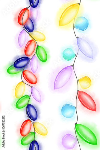 Festive New Year garland with glowing bulbs on a seamless vertical border. Watercolor digital illustration. Christmas glowing garland isolated on a white background. Multicolored New Year lights.