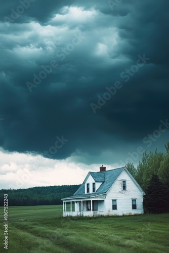 White House in Field Under Cloudy Sky