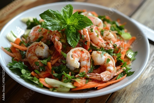 Wooden table with a fresh shrimp and vegetable salad