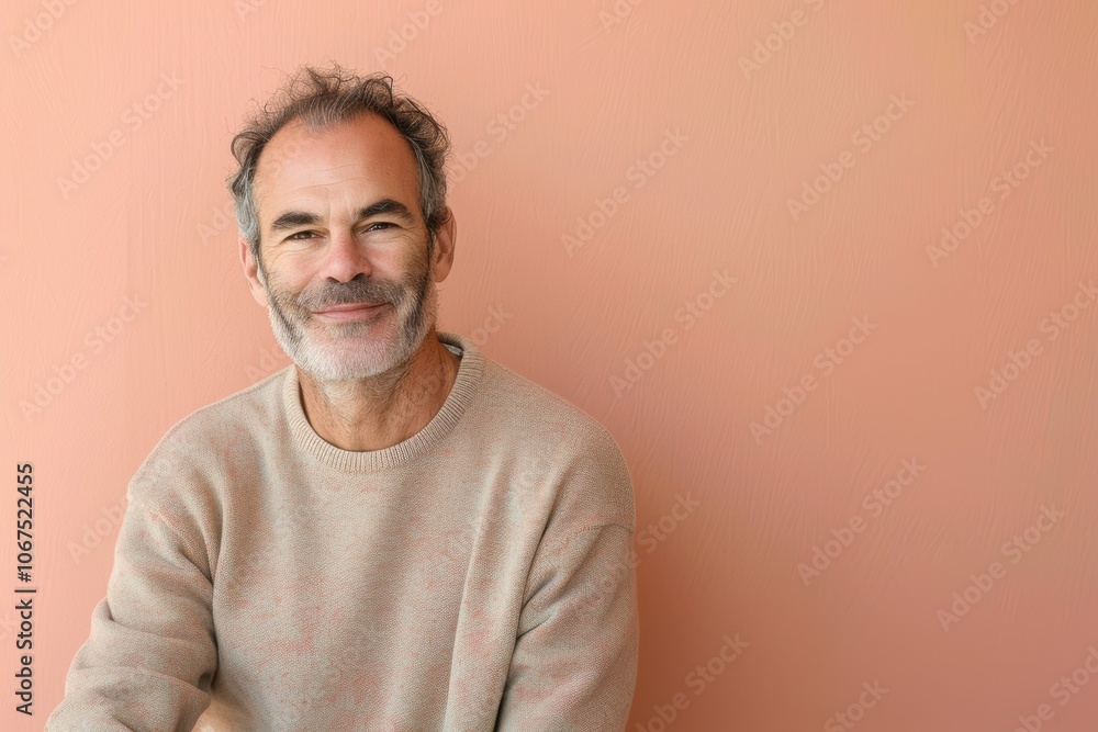 Relaxed Portrait of a Middle-Aged Man in Cozy Sweater on Pastel Peach Background for Design Use Relaxed Portrait of a Middle-Aged Man in Cozy Sweater on Pastel Peach Background for Design Use