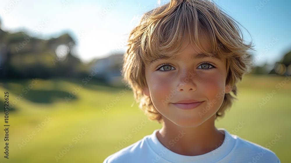 young caucasian boy practicing golf looking directly at the camera with a big smile on a sunny golf course the lush green grass and blue sky create a vibrant and energetic scene filled with joy young caucasian boy practicing golf looking directly at the camera with a big smile on a sunny golf course the lush green grass and blue sky create a vibrant and energetic scene filled with joy