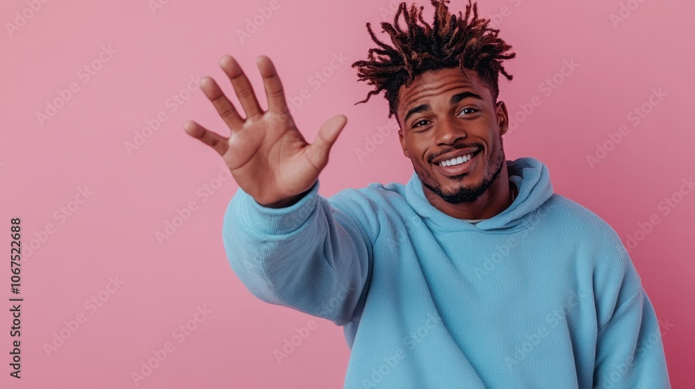 This image captures a friendly man waving with a smile, dressed in a light blue hoodie, against a vivid pink backdrop, exuding positivity and casual charm. This image captures a friendly man waving with a smile, dressed in a light blue hoodie, against a vivid pink backdrop, exuding positivity and casual charm.