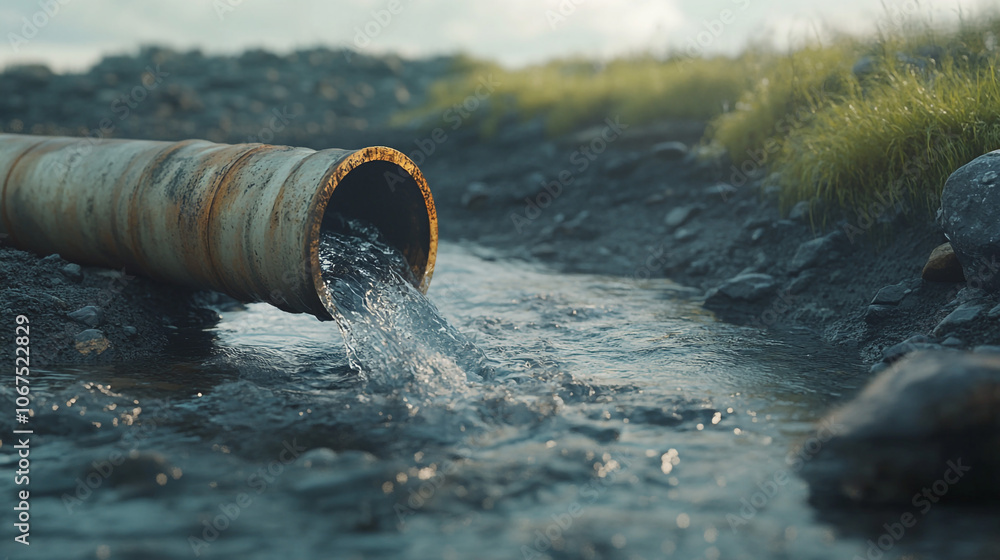Rusty Pipe Pouring Water into Stream Environmental Impact Nature Flow Water Resource Rusty Pipe Pouring Water into Stream Environmental Impact Nature Flow Water Resource
