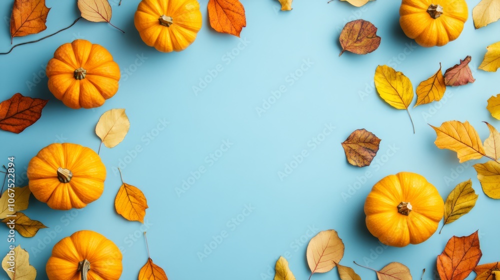 Autumn Decor with Pumpkins and Leaves on Blue Background Autumn Decor with Pumpkins and Leaves on Blue Background