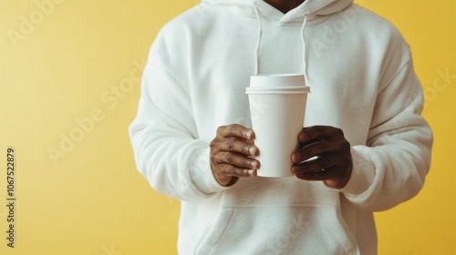 A person dressed in a white hoodie holds a white coffee cup in their hands, with a clean, minimalist background showcasing calm and simplicity. photo