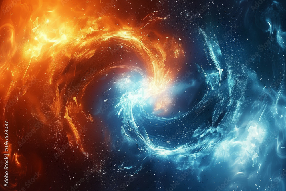 Dynamic Fusion of Fiery Orange and Cool Blue Elements, Representing the Powerful Contrast and Harmony Between Opposing Forces in a Celestial Dance Dynamic Fusion of Fiery Orange and Cool Blue Elements, Representing the Powerful Contrast and Harmony Between Opposing Forces in a Celestial Dance