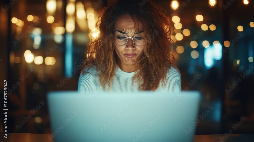 A young woman with curly hair and glasses is intently looking at her laptop in a softly illuminated environment, illustrating concentration in nighttime ambiance. A young woman with curly hair and glasses is intently looking at her laptop in a softly illuminated environment, illustrating concentration in nighttime ambiance.
