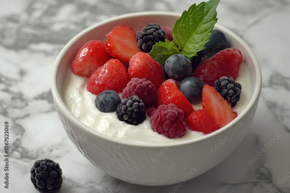 Yogurt in a white bowl with a refreshing summer salad Yogurt in a white bowl with a refreshing summer salad