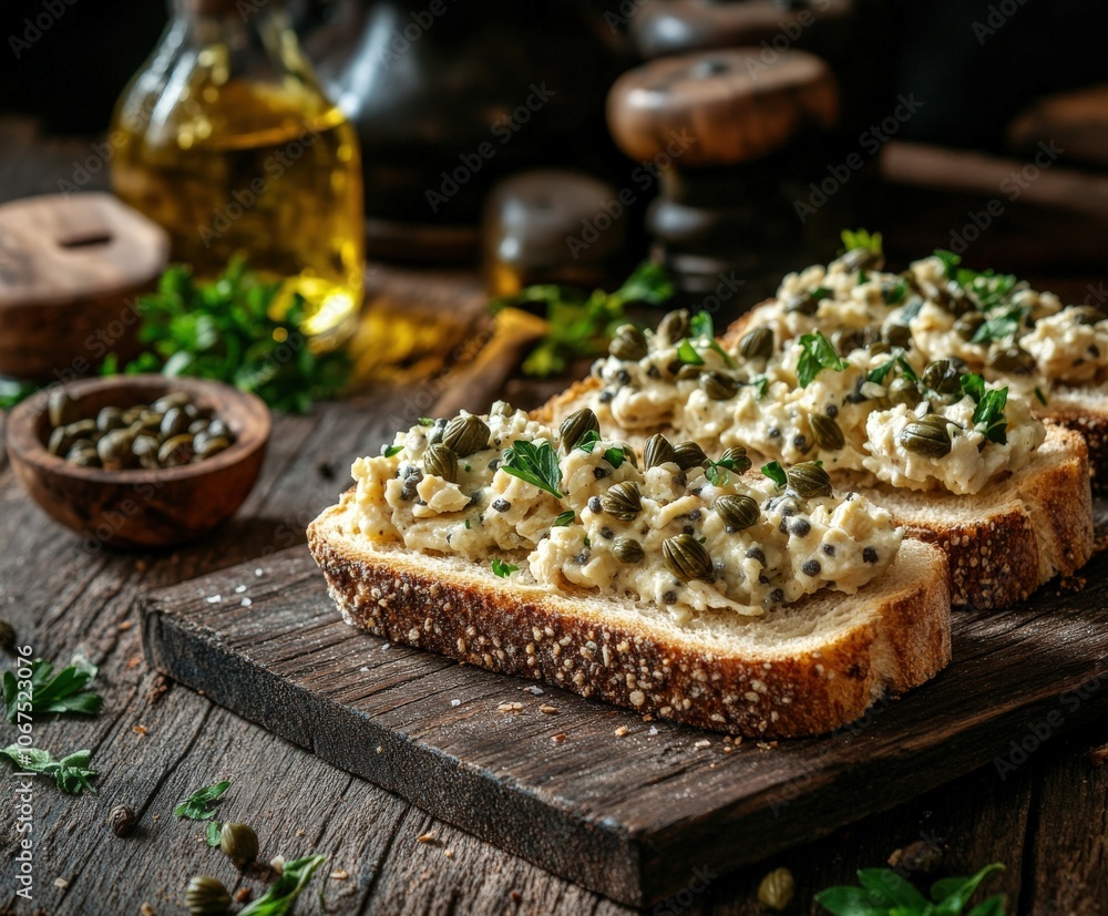 Delicious open-faced sandwiches topped with creamy spread and capers Delicious open-faced sandwiches topped with creamy spread and capers