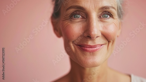 Gentle Portrait of a Senior Woman with a Kind Smile on Pastel Pink Background