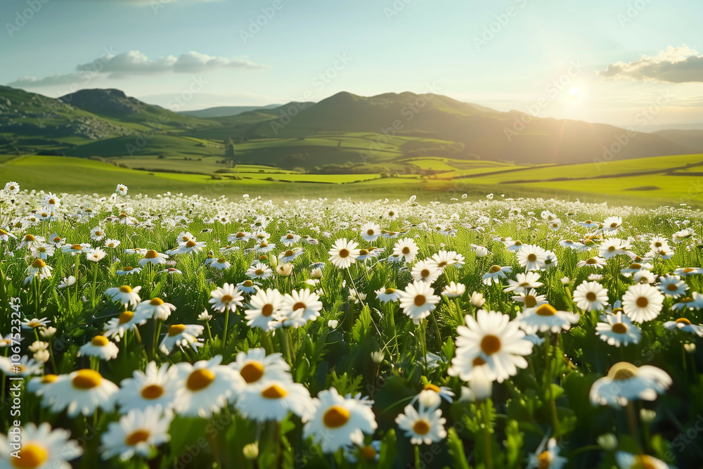 A breathtaking springtime landscape featuring a vibrant field of white daisies under a sunset-lit sky A breathtaking springtime landscape featuring a vibrant field of white daisies under a sunset-lit sky