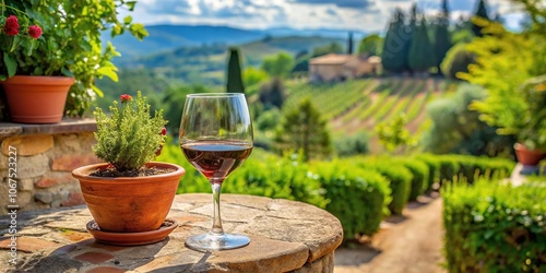 A glass of Chianti wine, sitting on a stone table surrounded by lush greenery and terracotta pots, olive grove, italian cuisine, cypress trees, wine and food