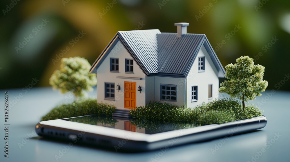 Miniature House on Smartphone Real Estate Concept Home Ownership Property Investment D Miniature House on Smartphone Real Estate Concept Home Ownership Property Investment D