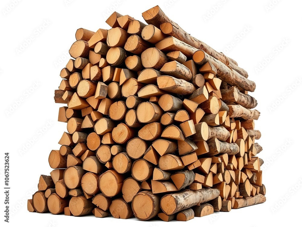 A large stack of firewood logs isolated on white background, timber, outdoor A large stack of firewood logs isolated on white background, timber, outdoor