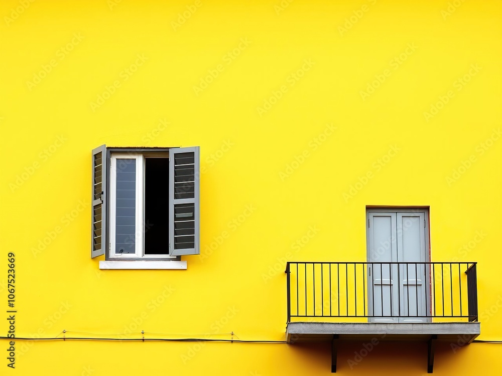Obraz premium A lone window on a sunny yellow wall stands out with a balcony nestled beside it, sunlit yellow, yellow wall window balcony, garden views