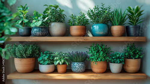 Scandinavian room interior with photo frame and beautiful plants and succulents in differents design pots.