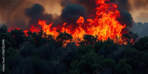 A massive wildfire spreading rapidly through a dense thicket of shrubs and trees, wildfires, environmental catastrophe, smoke and fire photo