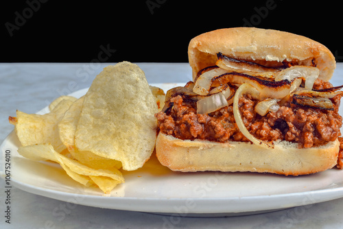 sloppy joe and onions  on a ciabatta roll photo