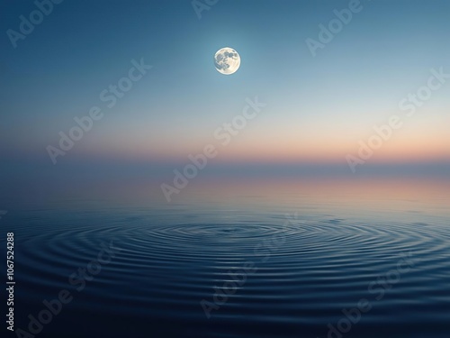 A serene lunar phase with delicate ripples on the surface of a still lake at dawn, lake view, silver background