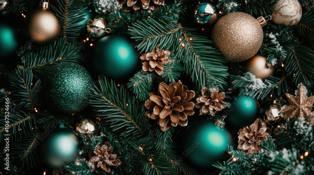 A collection of Christmas decorations including pine branches, pinecones, and ornaments in green and gold, beautifully arranged for the festive season. A collection of Christmas decorations including pine branches, pinecones, and ornaments in green and gold, beautifully arranged for the festive season.