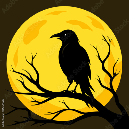 A black bird perched on top of a tree branch in front of moon vector illustration