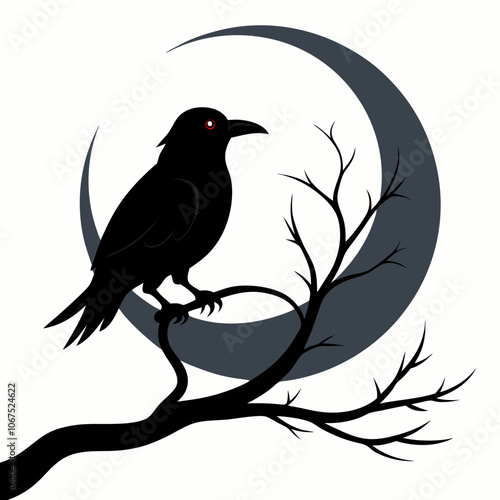 A black bird perched on top of a tree branch in front of moon vector illustration