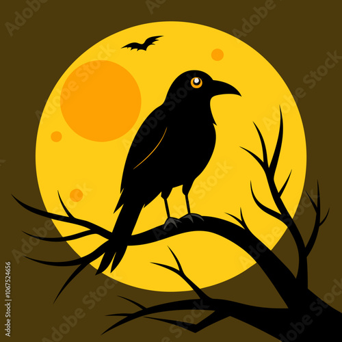 A black bird perched on top of a tree branch in front of moon vector illustration