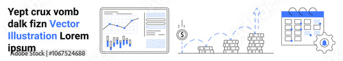 Chart with data, stock market trends, dollar symbol, stacks of coins, calendar with settings icon. Ideal for business, analytics, finance, strategy, growth, planning, scheduling Landing page