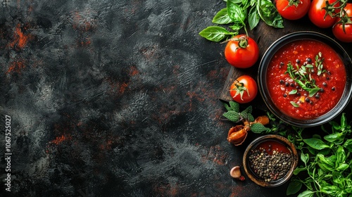 Tomatoes and herbs with a bowl of red sauce on a dark surface