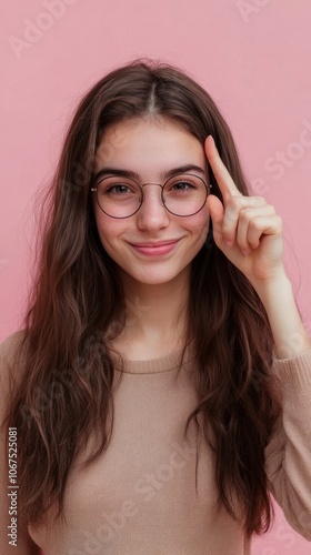 Young Woman with Glasses Gesturing Thoughtfully Against a Pink Background