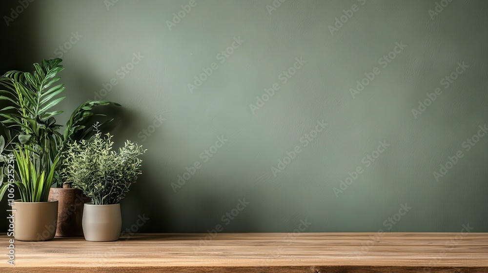 Several potted plants sit atop a wooden table, set against a dark green background. This combination creates a relaxing, natural atmosphere perfect for any decor theme. Several potted plants sit atop a wooden table, set against a dark green background. This combination creates a relaxing, natural atmosphere perfect for any decor theme.