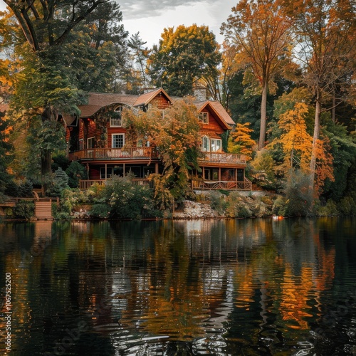 A house surrounded by trees and a lake "A house surrounded by trees with a serene lake nearby."