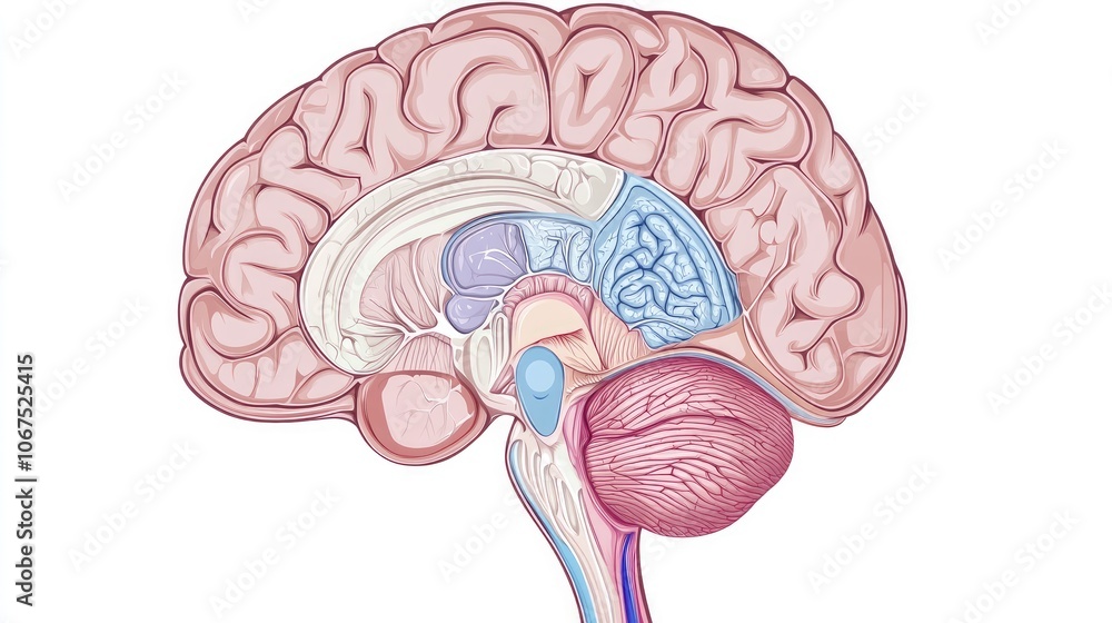 Human brain with detailed structure and lobes, isolated on white, medical accuracy, educational illustration Human brain with detailed structure and lobes, isolated on white, medical accuracy, educational illustration