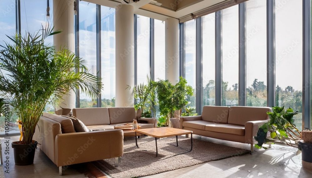 Fototapeta premium Inspired Breaks: A Cozy Office Lounge with Ample Natural Light