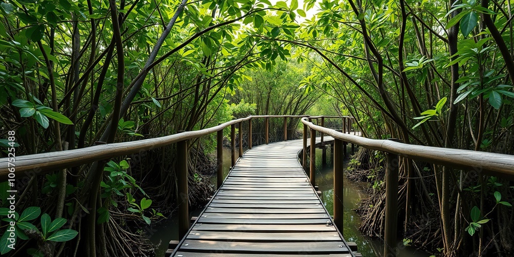 Obraz premium A wooden pathway bridges through a lush mangrove reforestation area, showcasing vibrant green foliage and intricate root systems, lush, habitat