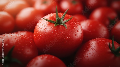 A close-up image showcasing vibrant red tomatoes covered with water droplets, highlighting their freshness and appeal, perfect for culinary or health-related themes. photo