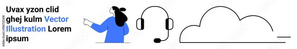 Woman in blue pointing towards headset and cloud icon, implying digital communication and cloud services. Ideal for customer support, tech services, cloud computing, remote work, online Woman in blue pointing towards headset and cloud icon, implying digital communication and cloud services. Ideal for customer support, tech services, cloud computing, remote work, online