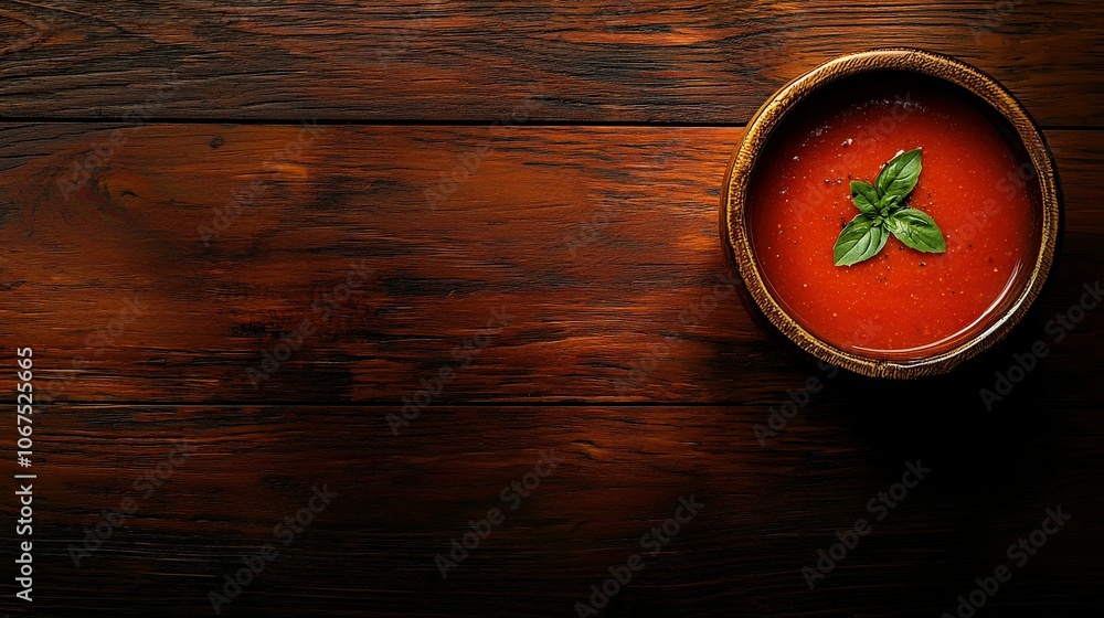Fresh tomato soup garnished with basil on a wooden table Fresh tomato soup garnished with basil on a wooden table