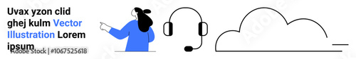 Woman in blue pointing towards headset and cloud icon, implying digital communication and cloud services. Ideal for customer support, tech services, cloud computing, remote work, online