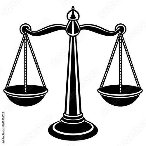 Scale icon vector, Justice scale silhouette, judge scale silhouette vector,lassic justice balance scales silhouette white bacground